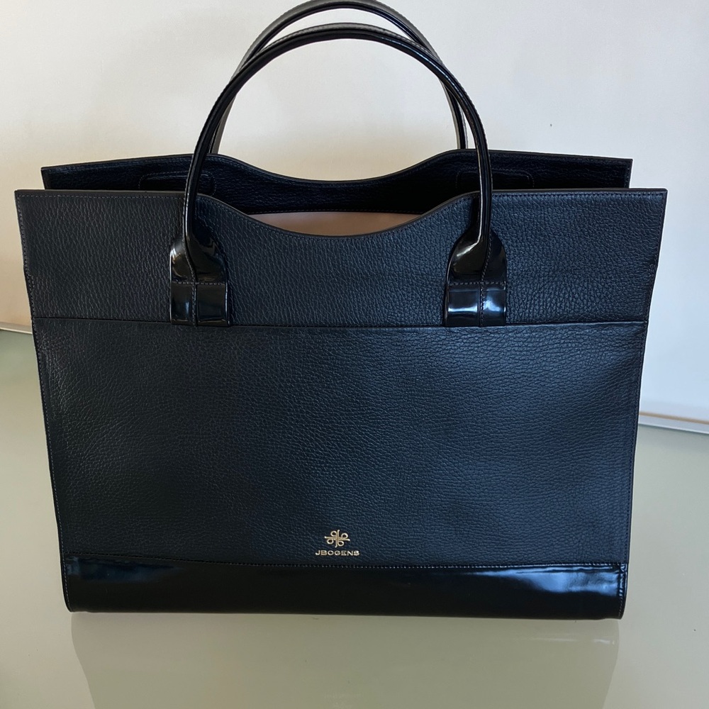 Black Leather Tote, Patent Leather Accents, Oversized NWOT